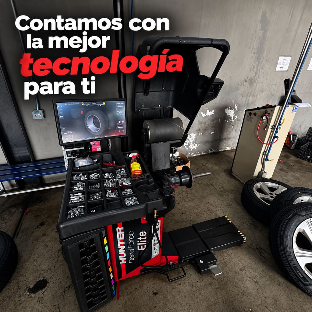 Balanceadora Hunter Road Force Elite en el taller Kenbro, con el texto: contamos con la mejor tecnología para ti